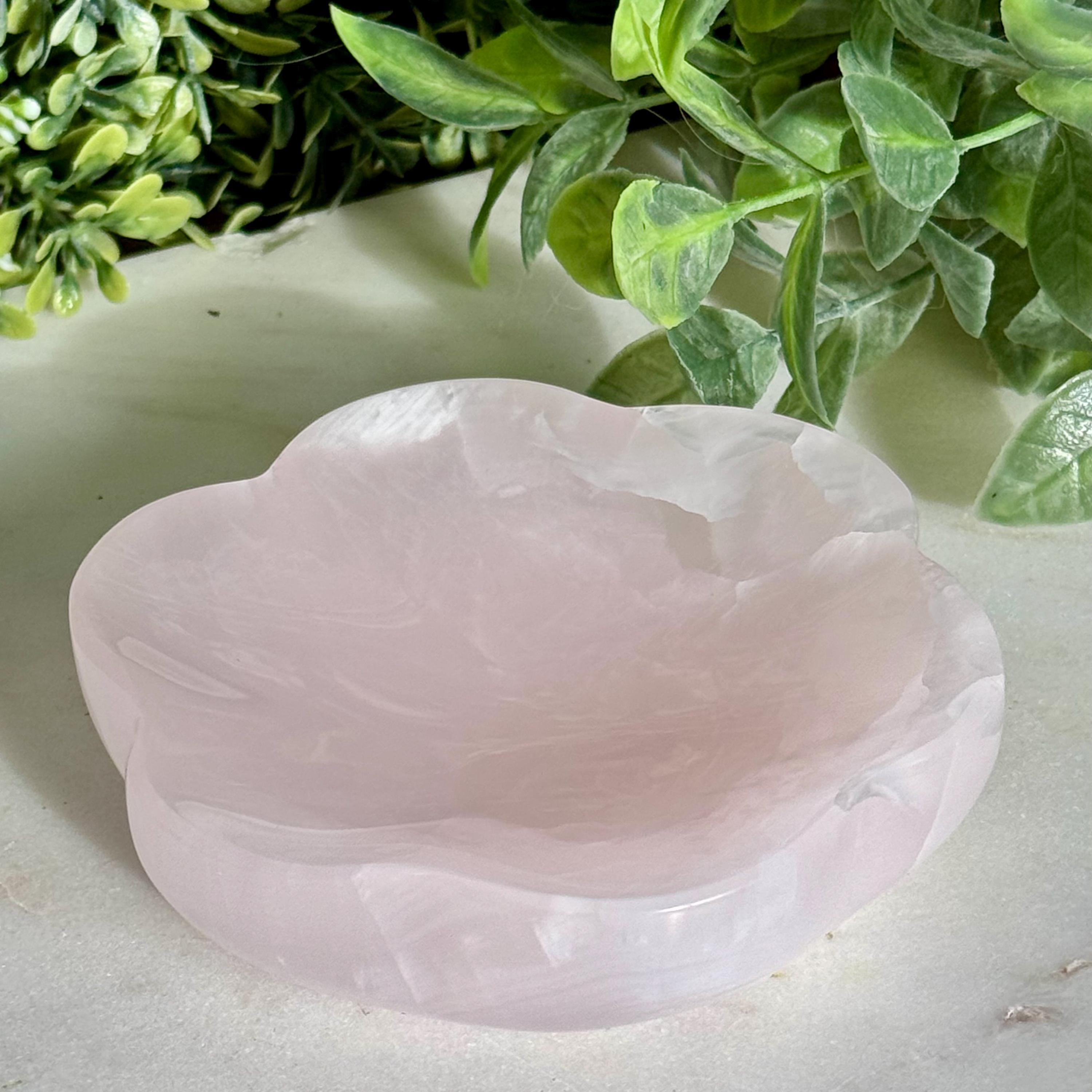 Pink Calcite Flower Bowl | Hand-carved Crystal Trinket Dish