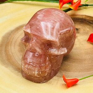 Strawberry Pink Calcite Crystal Skull with Realistic Details, Healing Crystal Fine Art Sculpture