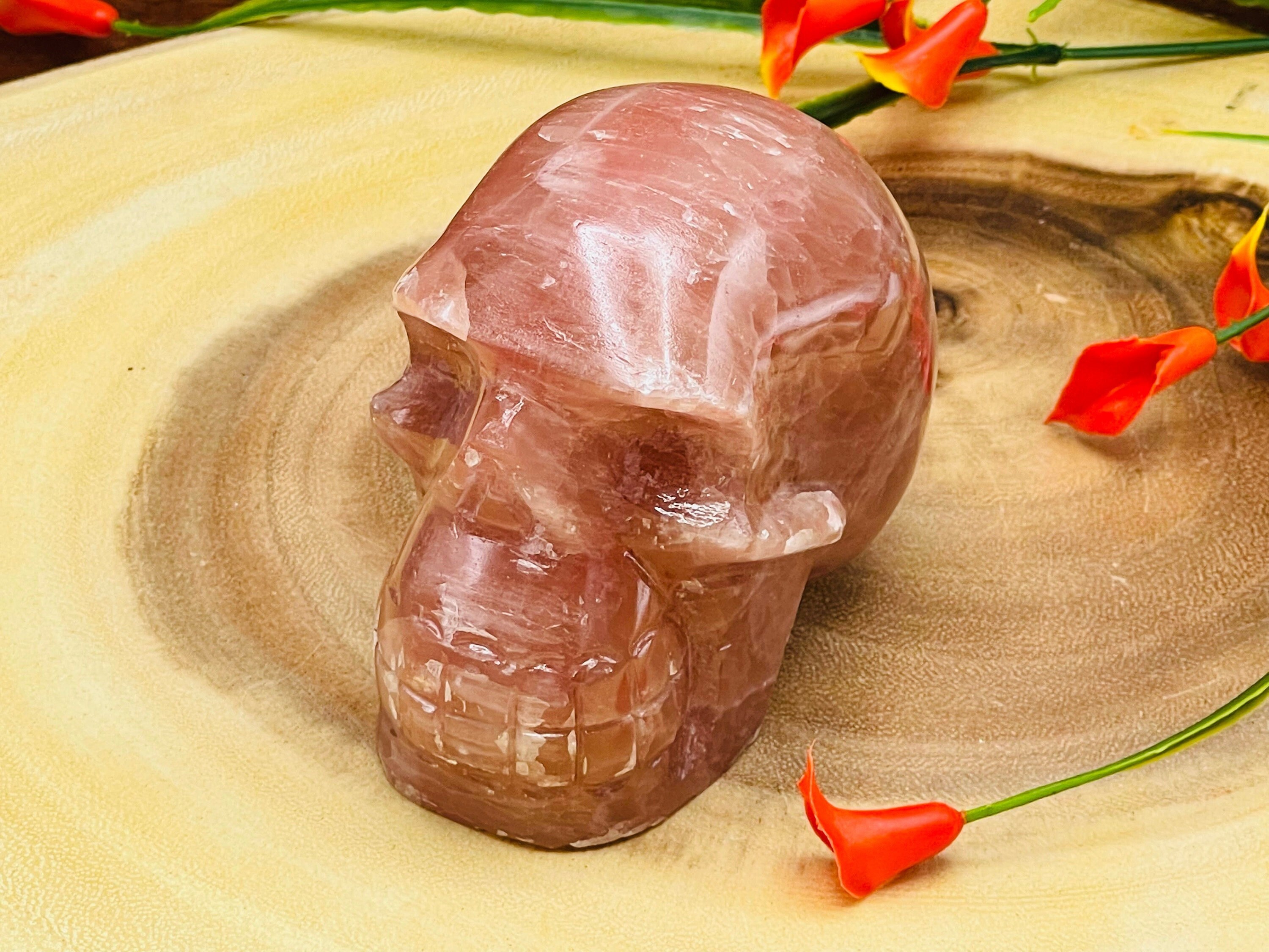 Strawberry Pink Calcite Crystal Skull With Realistic Details, Healing Crystal Fine Art Sculpture
