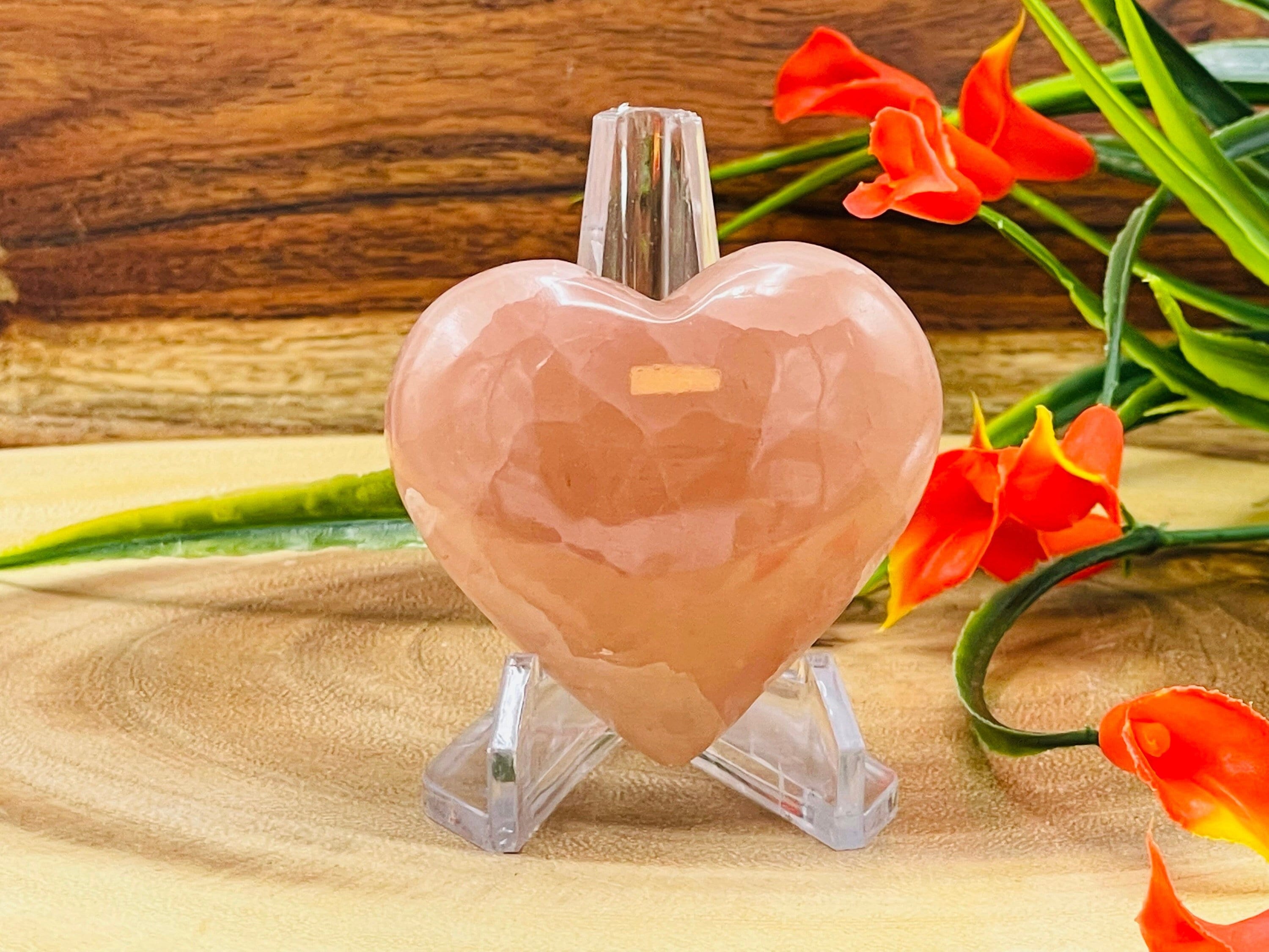 Strawberry Pink Calcite Puffy Heart Palm Stone, Polished Gemstone Pocket Rocks, Healing Crystal