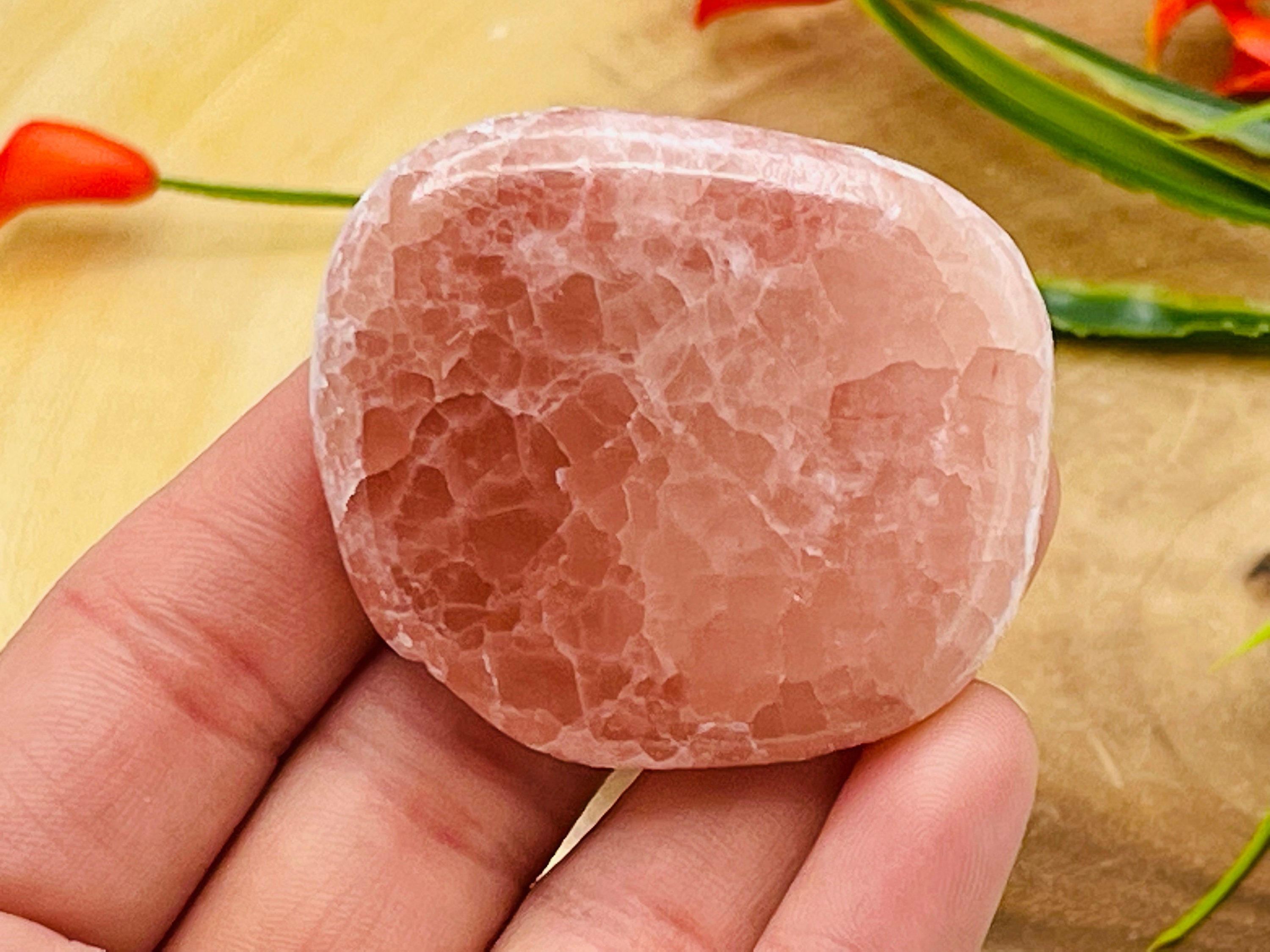 Strawberry Pink Calcite Smooth Stone, Massage Palm Stone, Healing Crystals