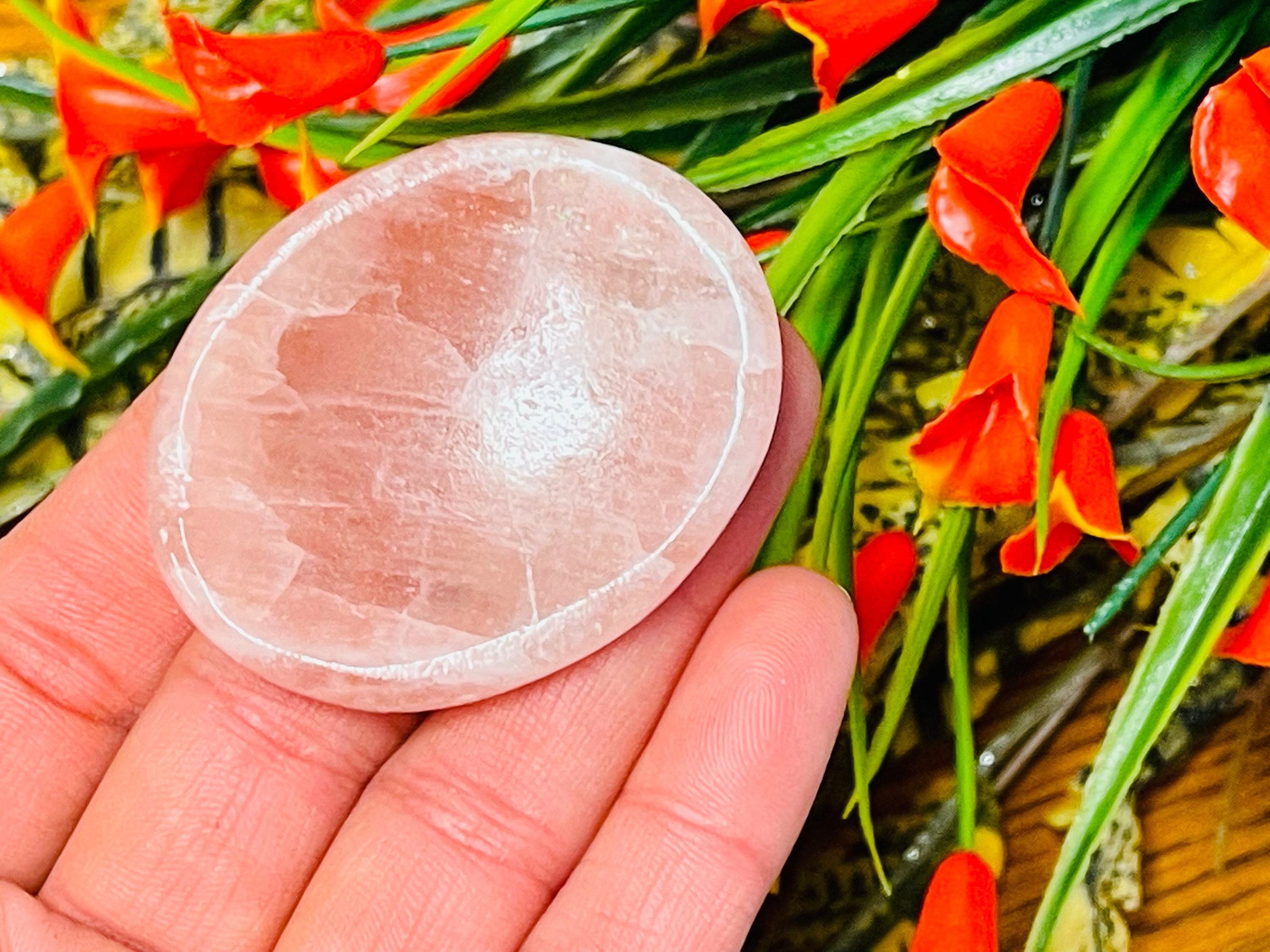 Strawberry Pink Calcite Worry Stones, Healing Crystal Thumb Massage, Polished Gemstone