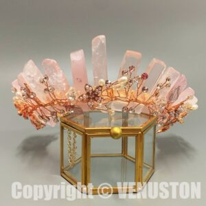 Pink Crystal Crown with Pearl and Diamond Details-Handmade Quartz Tiara for Boho Bride,Fairy Wedding,Festival,Flower Girl,Cosplay Headpiece
