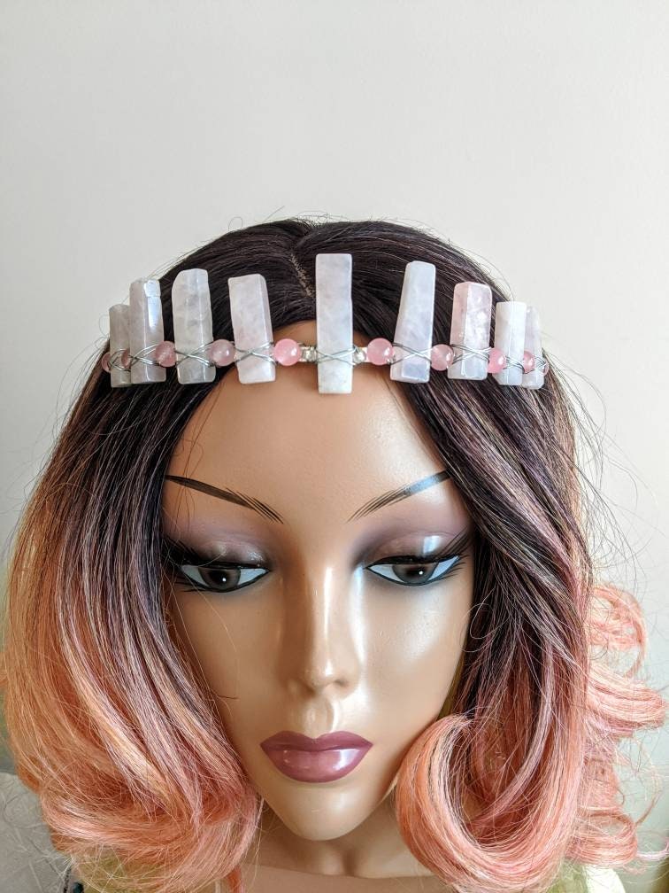 Pink Quartz Crystal Crown: Silver Tiara Headband, Boho Bridal Goddess Pink Quartz Crystal Crown: Silver Tiara Headband, Boho Bridal Goddess