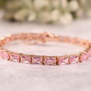 14k Gold Plated Pink Sapphire Bracelet, Tennis Octagon Bracelets, Bridal Jewelry, Anniversary Gift 14k Gold Plated Pink Sapphire Bracelet, Tennis Octagon Bracelets, Bridal Jewelry, Anniversary Gift