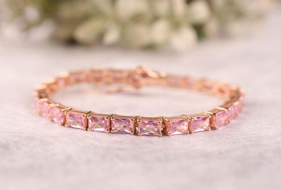 14k Gold Plated Pink Sapphire Bracelet, Tennis Octagon Bracelets, Bridal Jewelry, Anniversary Gift