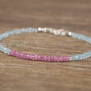 Pink Sapphire And Aquamarine Bracelet, Aquamarine Jewelry, Layering, Beaded, March And September Birthstone, Gemstone Bracelet