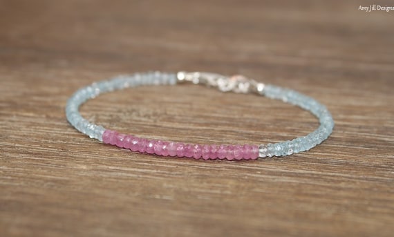 Pink Sapphire And Aquamarine Bracelet, Aquamarine Jewelry, Layering, Beaded, March And September Birthstone, Gemstone Bracelet