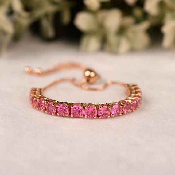 Pink Sapphire Bolo Bracelet, Sterling Silver Adjustable Bridal Jewelry
