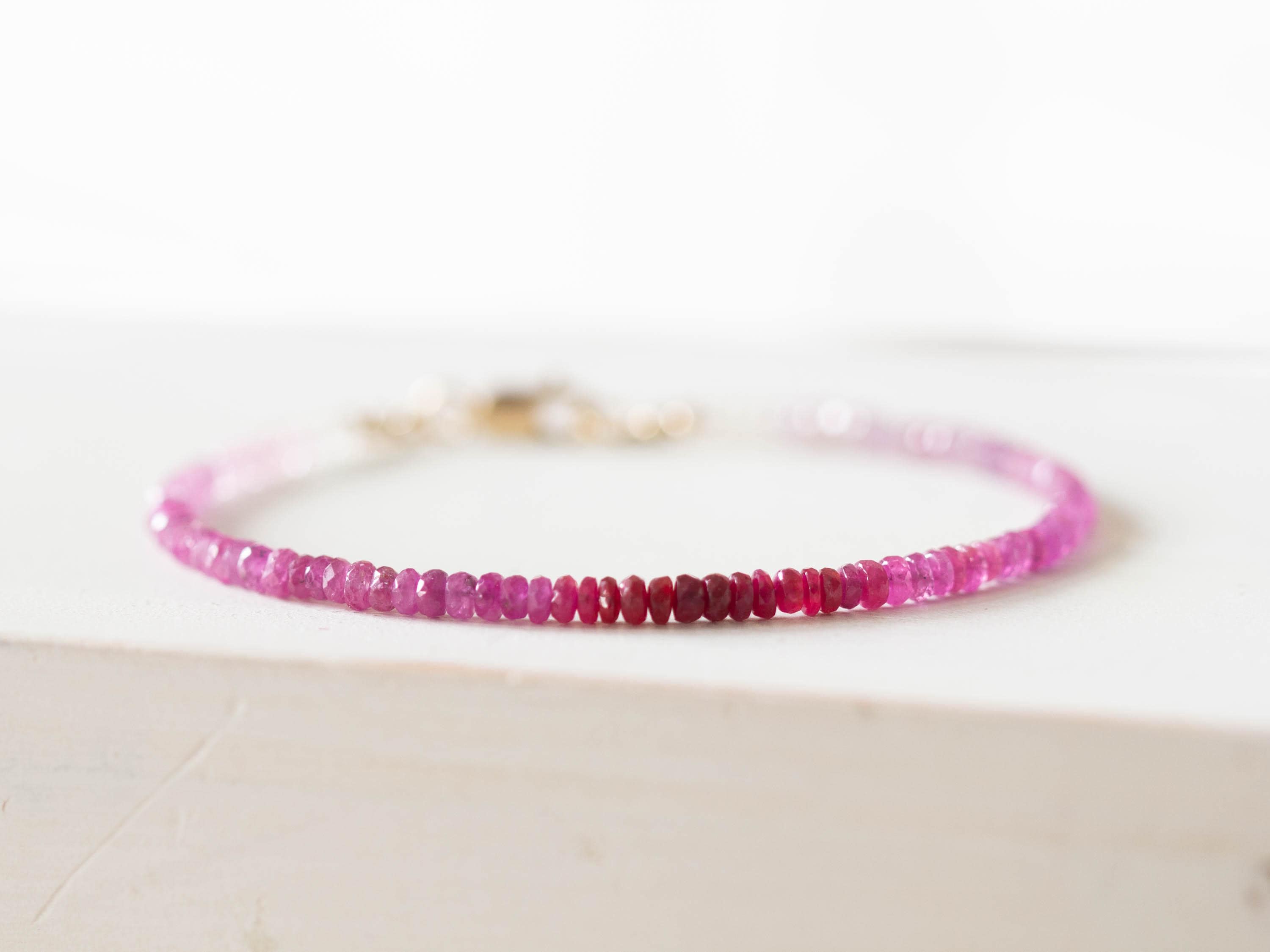 Dainty Shaded Pink Sapphire Bracelet, Genuine September Birthstone Beaded Jewelry