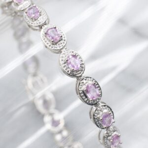 Pink Sapphire Diamond Halo Bracelet, 14K White Gold, Gemstone Jewelry Pink Sapphire Diamond Halo Bracelet, 14K White Gold, Gemstone Jewelry