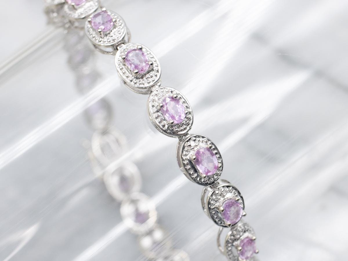 Pink Sapphire Diamond Halo Bracelet, 14k White Gold, Gemstone Jewelry