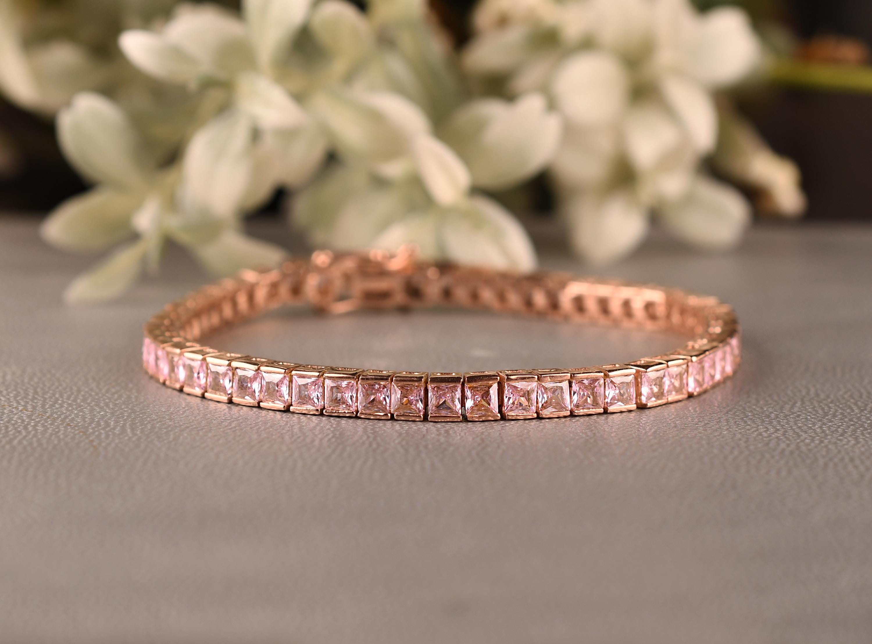 Elegant Pink Sapphire Tennis Bracelet With Square Shaped Sapphires Bracelet, Wedding Anniversary Gift