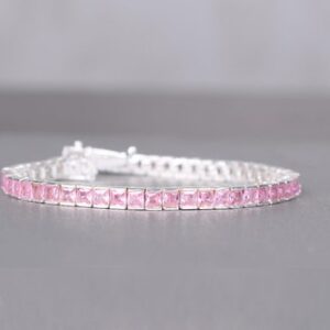 Elegant Pink Sapphire Tennis Bracelet With Square-shaped Sapphires – Channel Set Wedding Anniversary Gift Elegant Pink Sapphire Tennis Bracelet With Square-shaped Sapphires – Channel Set Wedding Anniversary Gift