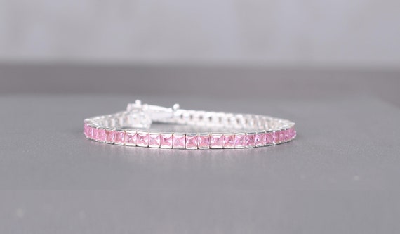 Elegant Pink Sapphire Tennis Bracelet With Square-shaped Sapphires – Channel Set Wedding Anniversary Gift