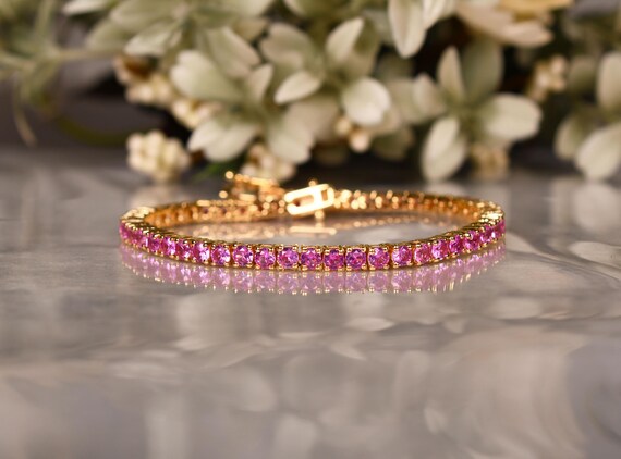 Round Pink Sapphire Bracelet Tennis Bracelet Bridal Jewelry Birthday Anniversary Gifts Charming Bracelets