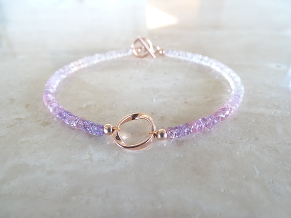 Pink Sapphire Bracelet, September Birthday Gift For Her, Rose Gold Filled Ombre Authentic Sapphire Jewelry, Purple Beaded With Toggle Clasp