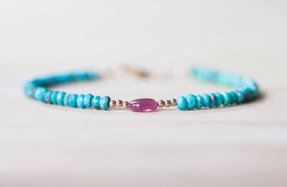 Sleeping Beauty Turquoise Bracelet With Pink Sapphire, Delicate Beaded Gemstone Jewelry, Genuine Turquoise Sterling Silver Rose Gold Fill