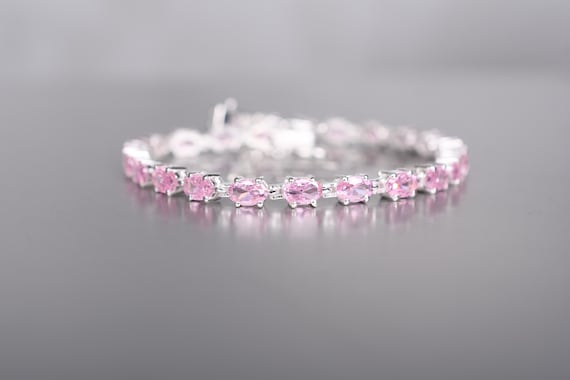 Pink Sapphire Tennis Bracelet, 14k Gold Overlay, Sterling Silver