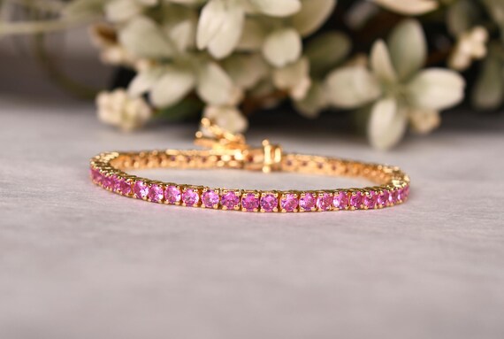 Pink Sapphire Tennis Bracelet, Pink Gemstone Bridal Jewelry Gifts Charming Bracelets