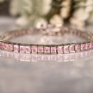 Pink Sapphire Tennis Bracelet, Square Cut, Sterling Silver Bridal Jewelry Pink Sapphire Tennis Bracelet, Square Cut, Sterling Silver Bridal Jewelry