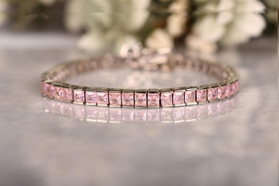 Pink Sapphire Tennis Bracelet, Square Cut, Sterling Silver Bridal Jewelry