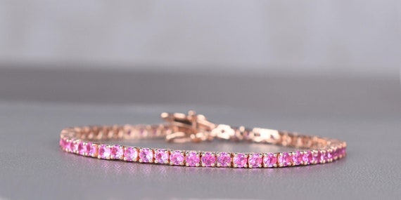 Pink Sapphire Tennis Bracelet, Sterling Silver Bridal Jewelry Pink Sapphire Tennis Bracelet, Sterling Silver Bridal Jewelry