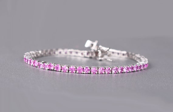 Pink Sapphire Tennis Bracelet, Sterling Silver, Anniversary Gift