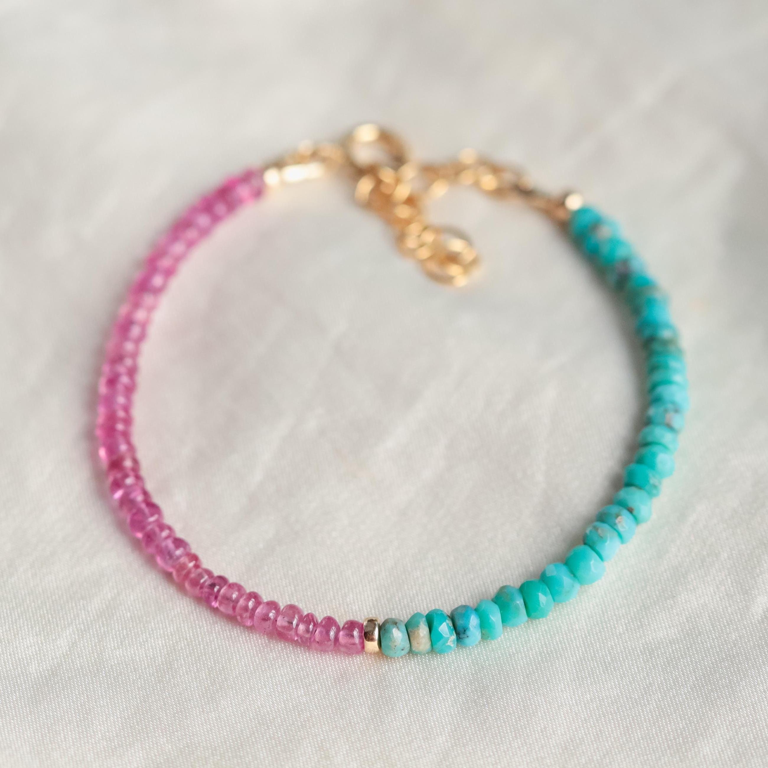 Pink Sapphire Turquoise Bracelet | Pink Sapphire Bracelet | [ebtp1574] Arizona Turquoise | Pink Sapphire Beaded Bracelet