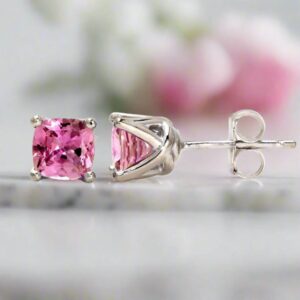 14k Gold Pink Sapphire Earrings | Cushion Cut Pink Sapphire Studs | Pink Stone Stud Earrings 14k Gold Pink Sapphire Earrings | Cushion Cut Pink Sapphire Studs | Pink Stone Stud Earrings
