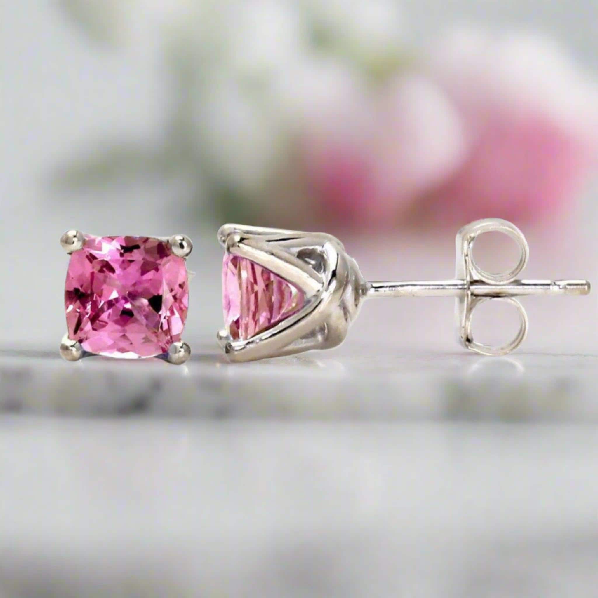 14k Gold Pink Sapphire Earrings | Cushion Cut Pink Sapphire Studs | Pink Stone Stud Earrings 14k Gold Pink Sapphire Earrings | Cushion Cut Pink Sapphire Studs | Pink Stone Stud Earrings