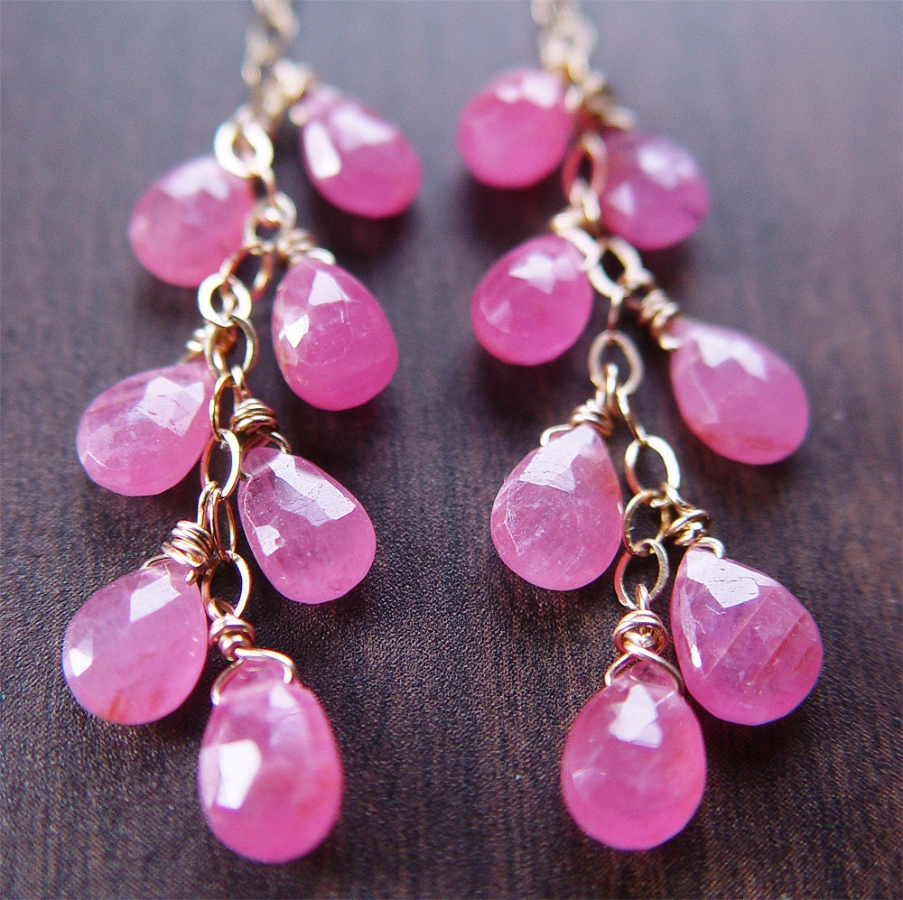 Pink Sapphire 14k Gold Filled Drop Chain Earrings: Handmade Bridesmaids Jewelry Pink Sapphire 14k Gold Filled Drop Chain Earrings: Handmade Bridesmaids Jewelry