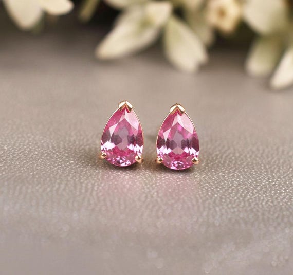 14k Gold Pink Sapphire Earring, Pear Stud Earrings In Silver, Bridal Jewelry, Anniversary Gifts 14k Gold Pink Sapphire Earring, Pear Stud Earrings In Silver, Bridal Jewelry, Anniversary Gifts
