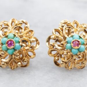 14k Yellow Gold Mandala Turquoise And Pink Sapphire Stud Earrings 14k Yellow Gold Mandala Turquoise And Pink Sapphire Stud Earrings