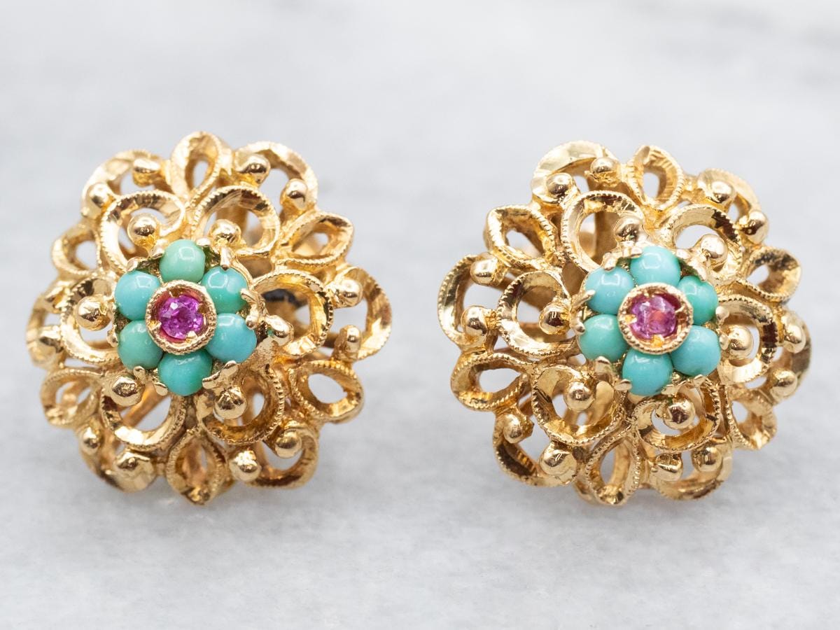 14k Yellow Gold Mandala Turquoise And Pink Sapphire Stud Earrings