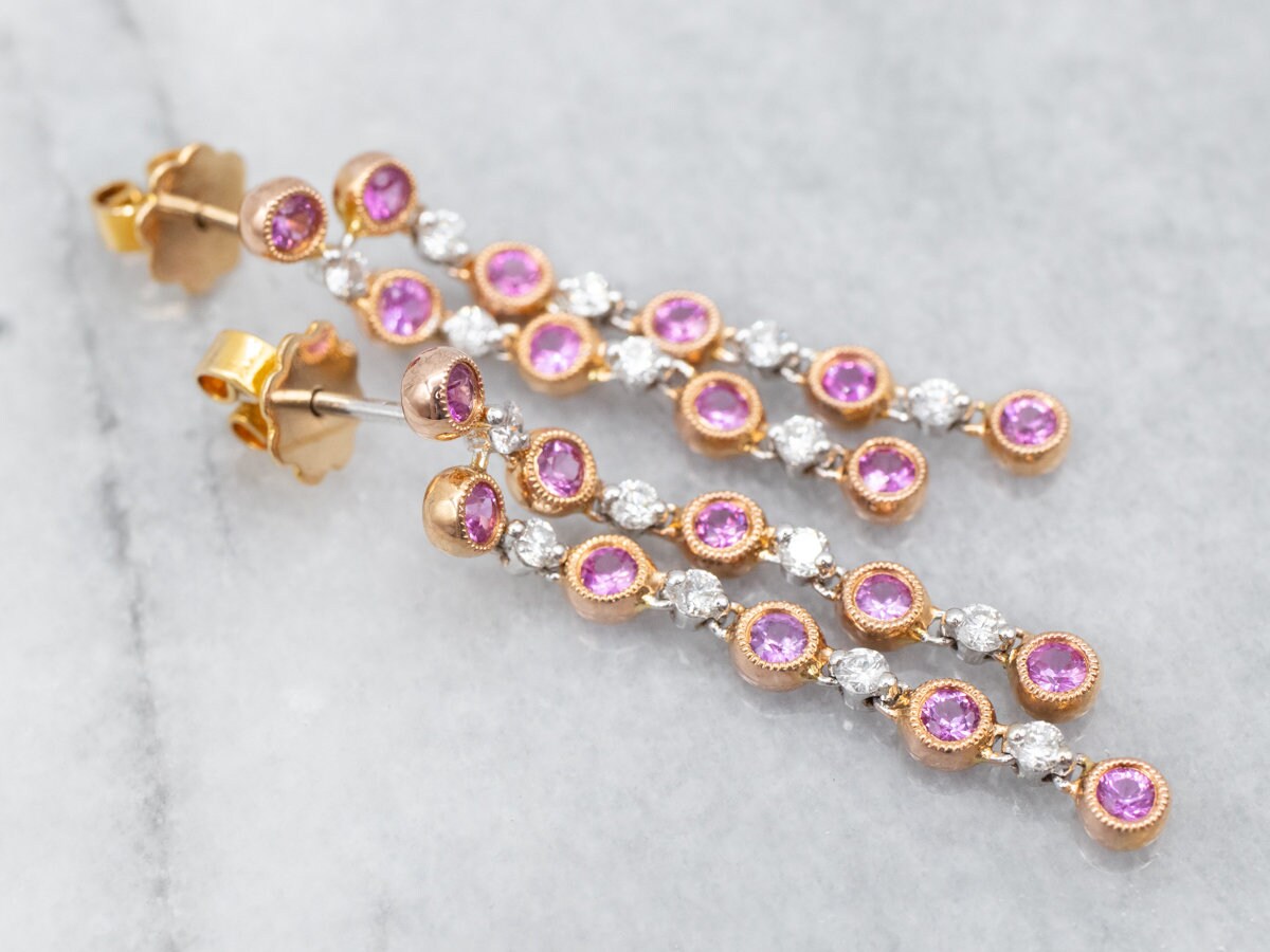 18k Tri-color Gold Pink Sapphire And Diamond Drop Earrings