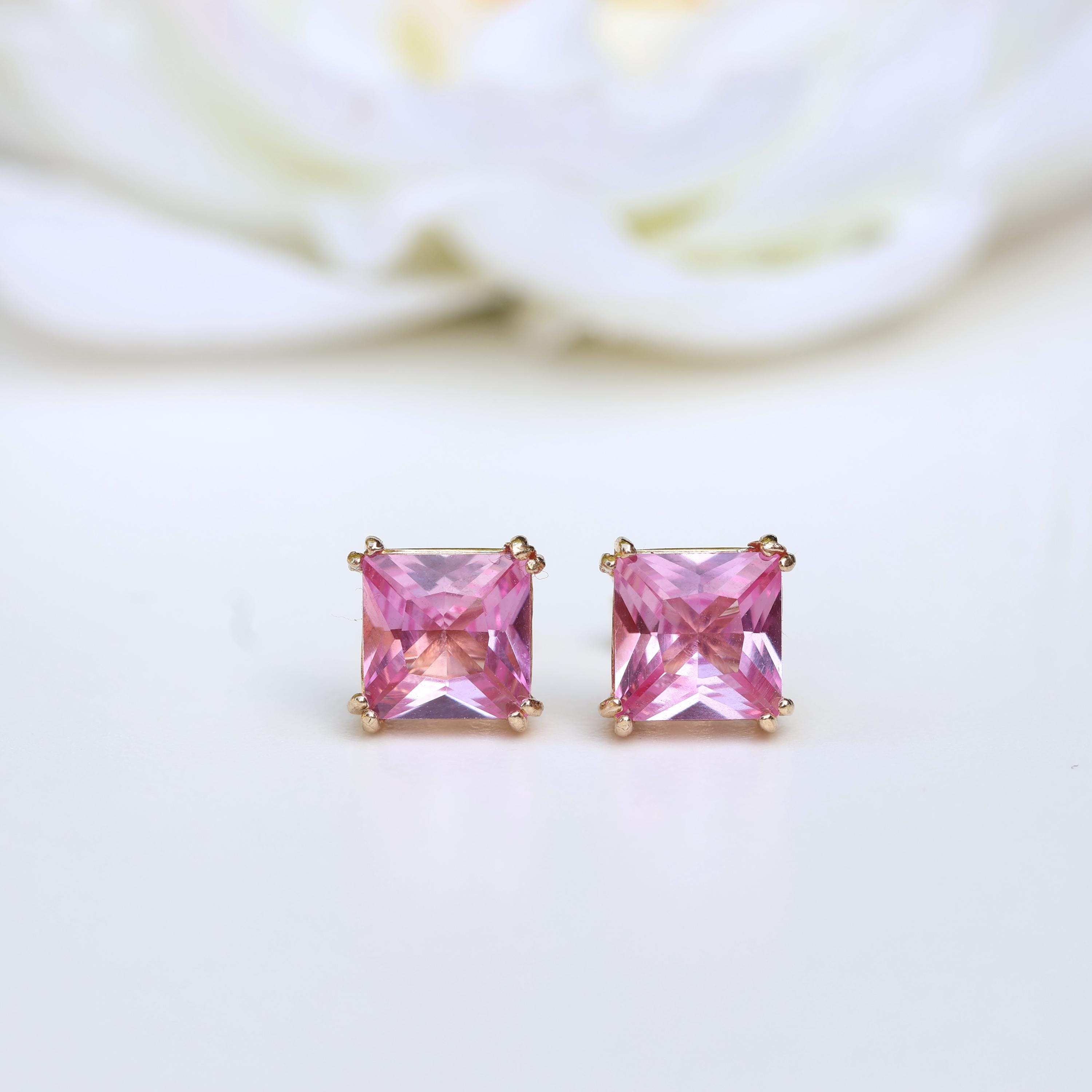 9ct Yellow Gold Pink Sapphire Stud Earrings 6mm Square Lab Grown