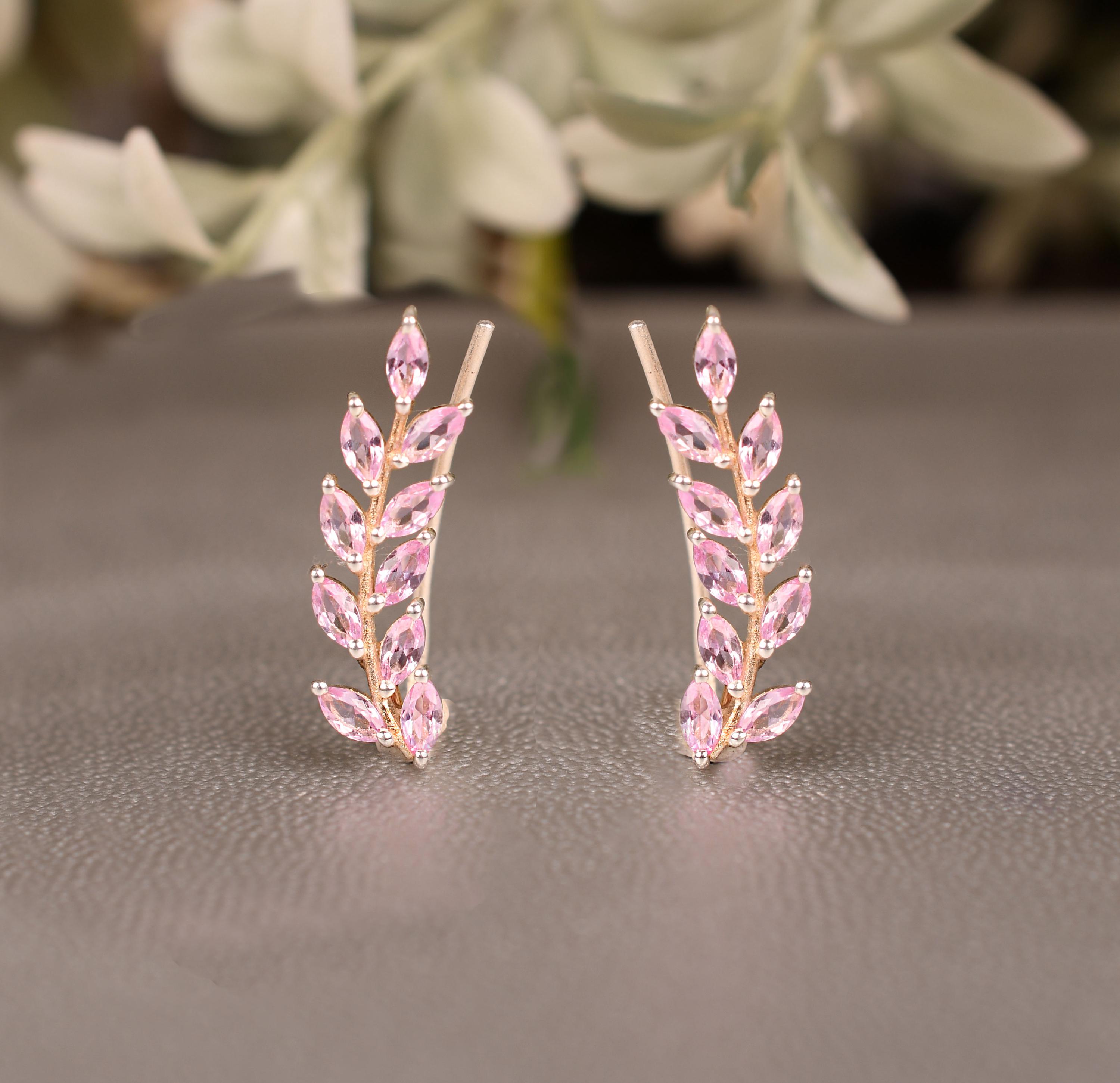 Pink Sapphire Climber Earrings, Marquise Earring, Ear Crawlers Earrings, Bridal Jewelry