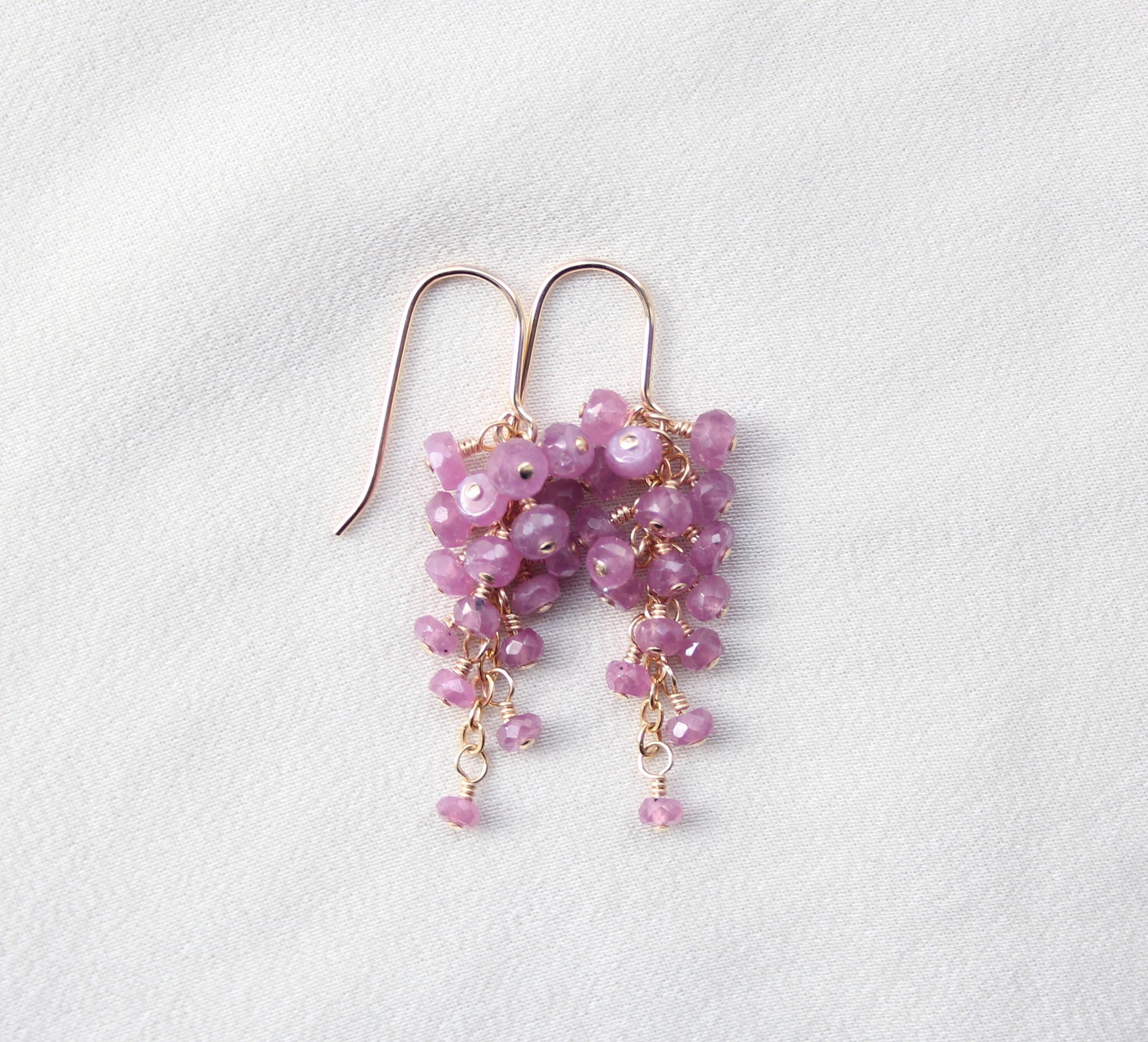 Pink Sapphire Cluster Earrings: 14k Gold-filled, September Birthstone Pink Sapphire Cluster Earrings: 14k Gold-filled, September Birthstone