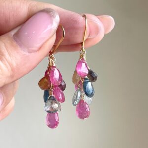 Pink Sapphire Cluster Earrings, Natural Multicolor Sapphire Statement Earrings in Gold or Silver, Hot Fuchsia Earrings, September Birthstone