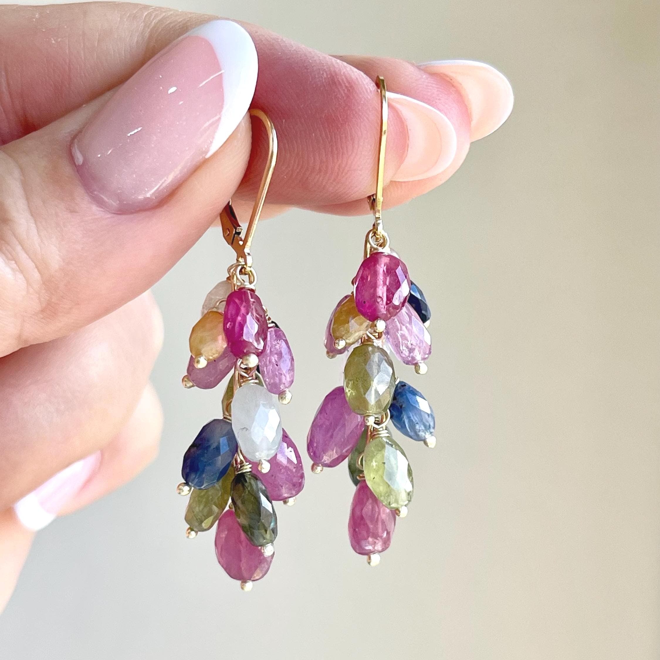Pink Sapphire Cluster Earrings, Natural Multicolor Sapphire Statement Earrings In Gold Or Silver, Hot Fuchsia Earrings, September Birthstone Pink Sapphire Cluster Earrings, Natural Multicolor Sapphire Statement Earrings In Gold Or Silver, Hot Fuchsia Earrings, September Birthstone