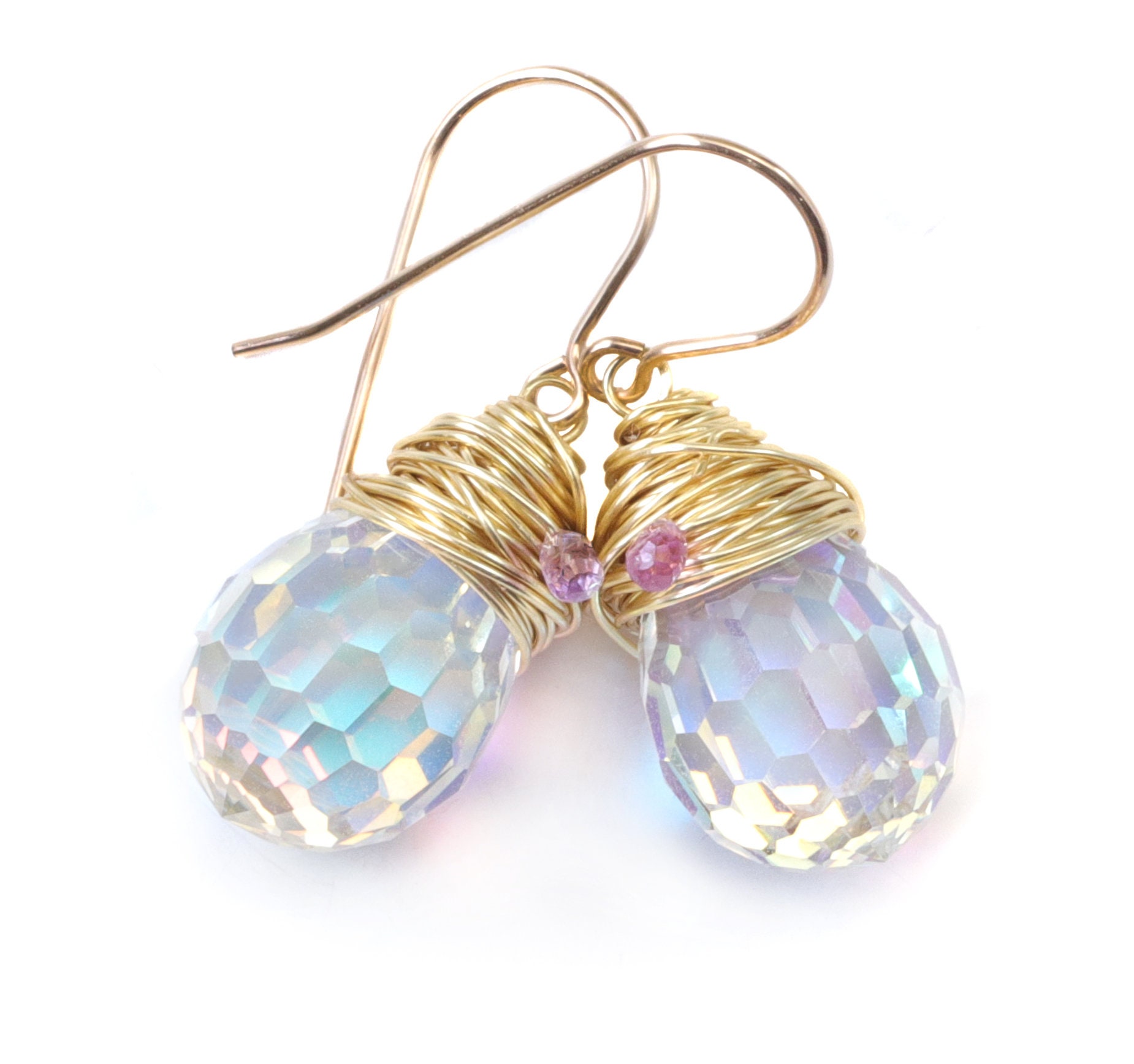 Crystal Earrings Rainbow Ab Disco Ball Faceted Wire Wrap Pink Sapphire Accents 14k Solid Gold Or Filled Or Sterling Silver Clear Drops