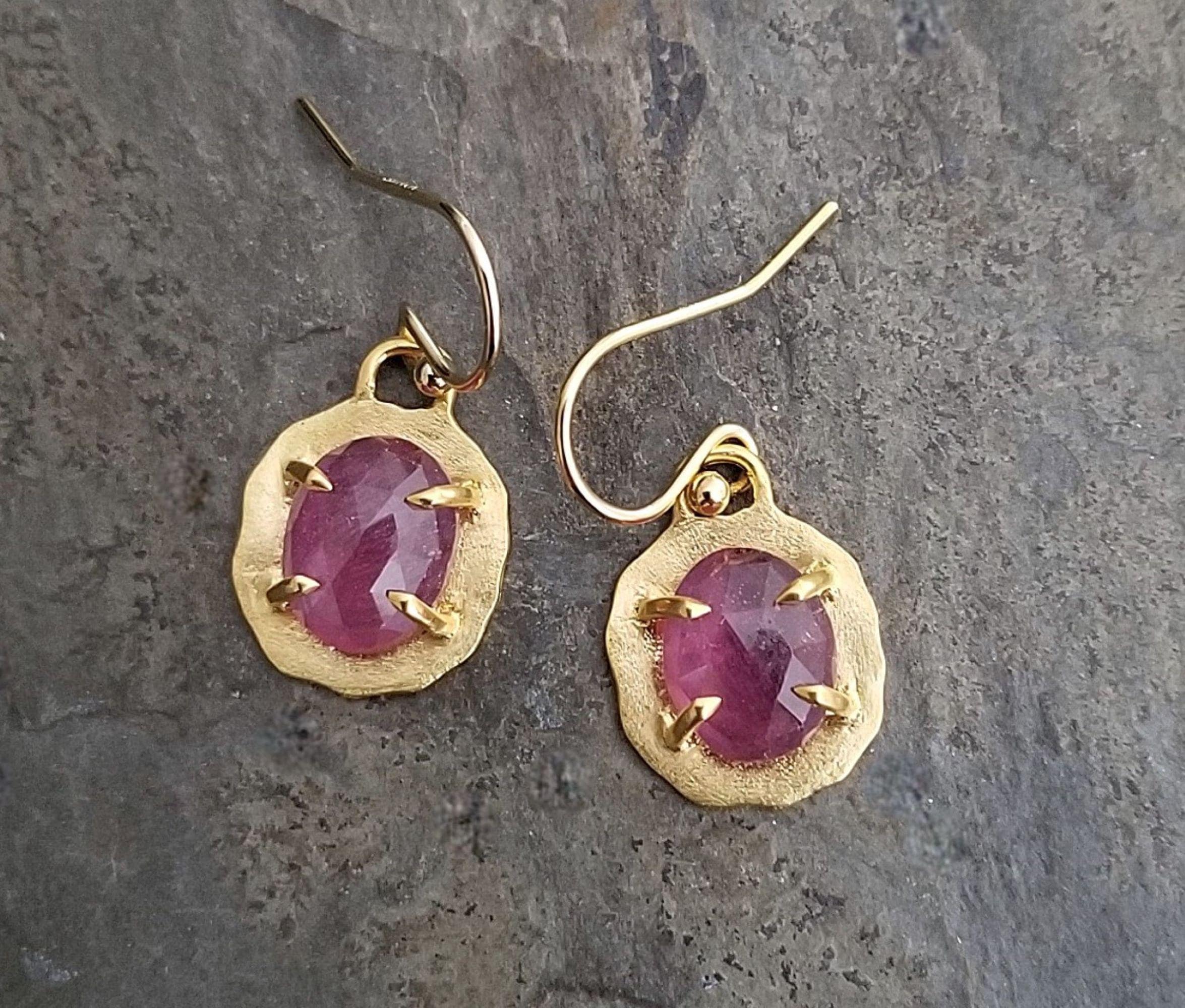Pink Sapphire Dangle Earrings, Raw Edged Claw Prong Setting, Satin Gold Finish