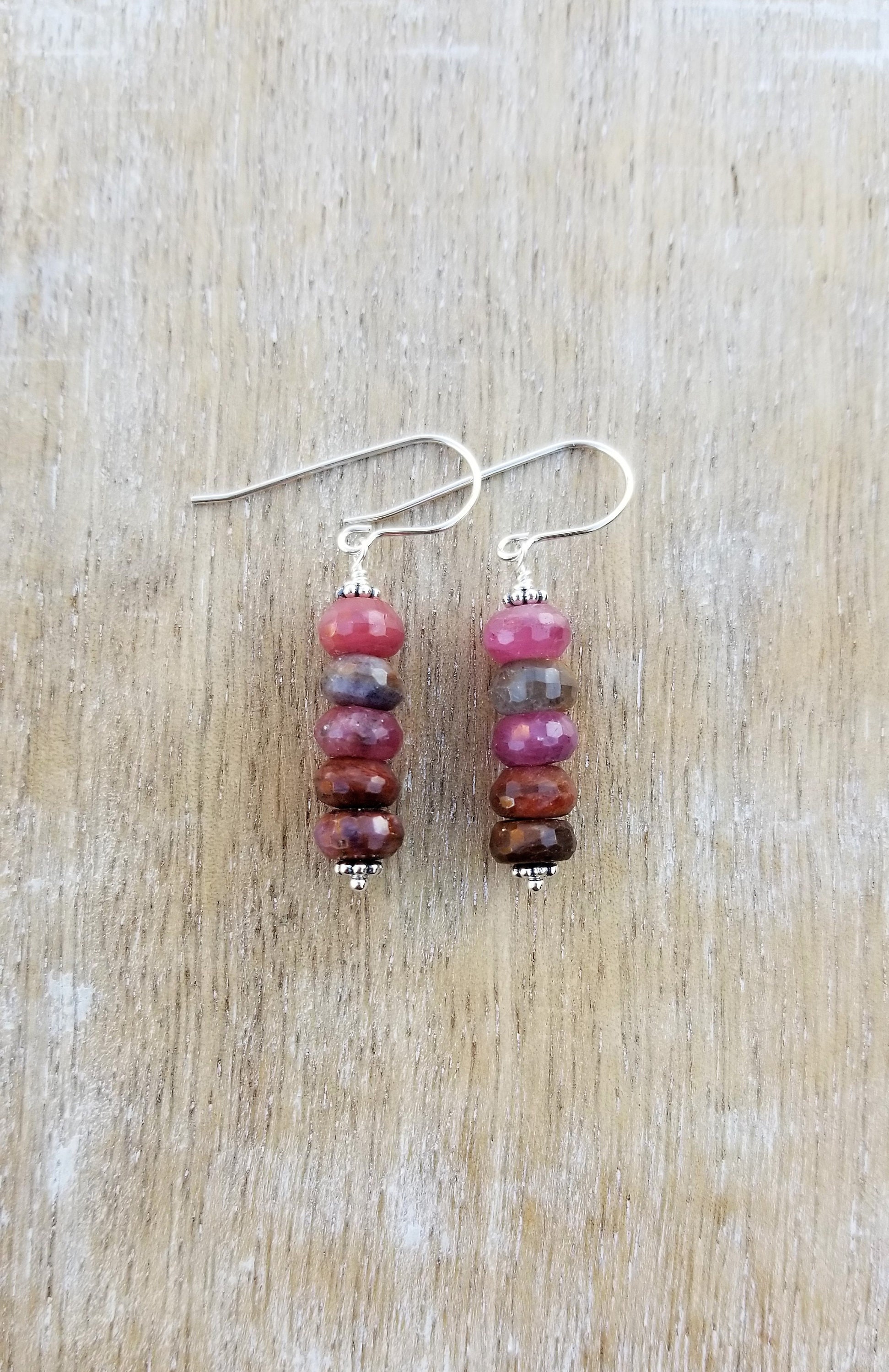 Sapphire Gemstone Earrings, Pink Sapphire Dangle Earrings Sterling Silver, Rondelle Earrings, Dainty Pink Earrings, Stacked Earrings