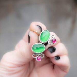 Handmade Silver Dangle Earrings With Green Monalisa And Pink Sapphire, Oxidized Drop Earrings Handmade Silver Dangle Earrings With Green Monalisa And Pink Sapphire, Oxidized Drop Earrings