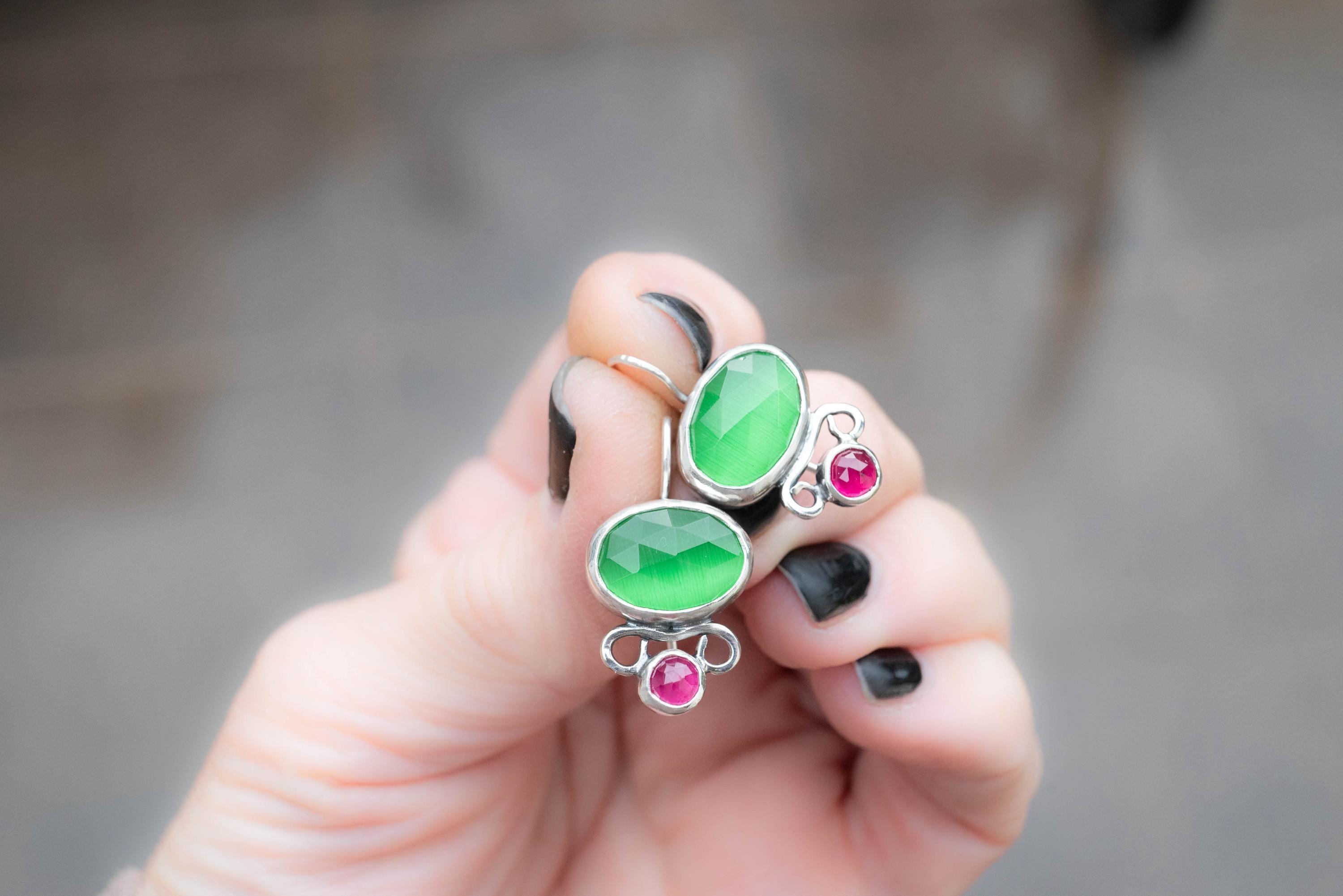 Handmade Silver Dangle Earrings With Green Monalisa And Pink Sapphire, Oxidized Drop Earrings Handmade Silver Dangle Earrings With Green Monalisa And Pink Sapphire, Oxidized Drop Earrings