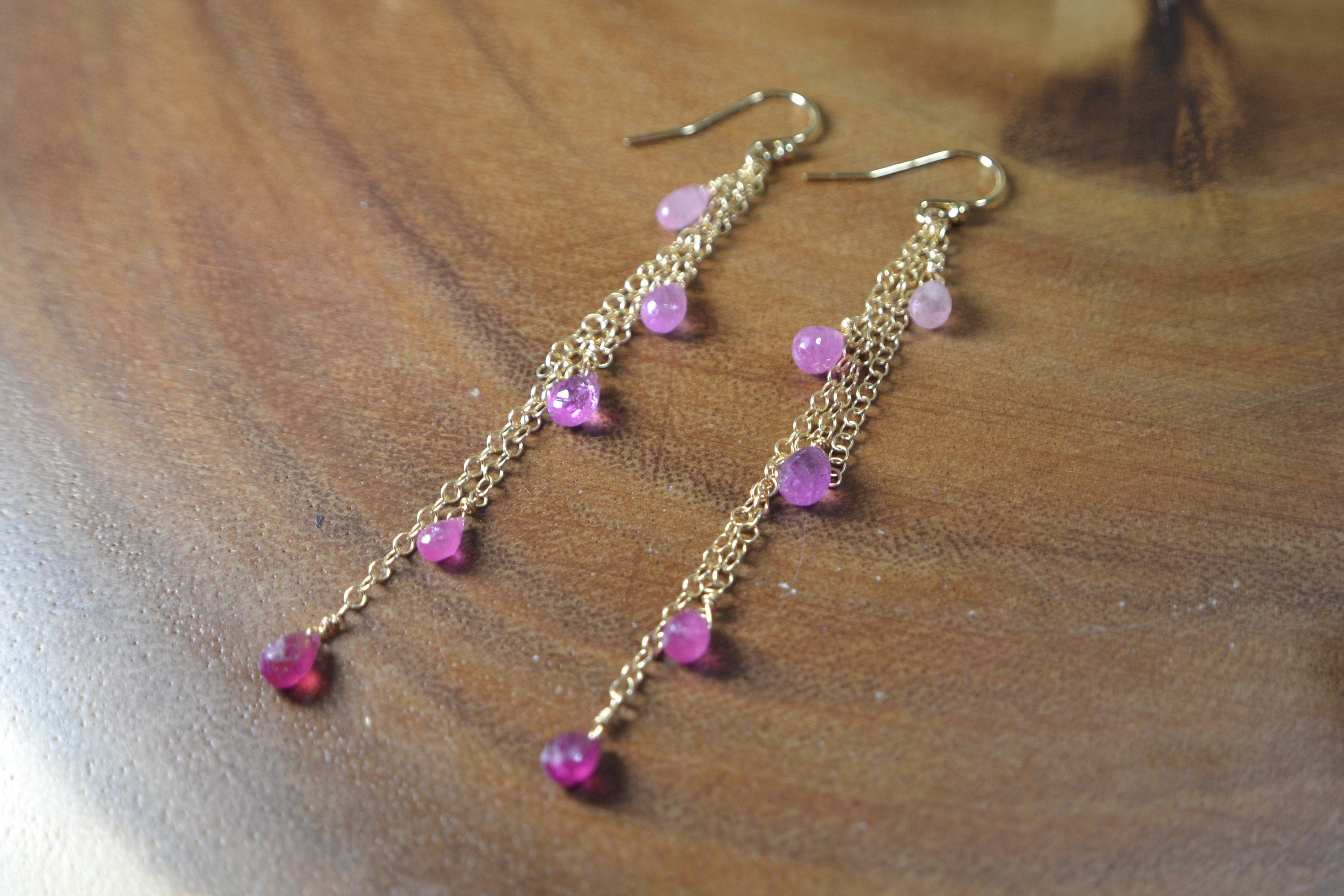 Pink Sapphire Earrings In 14k Gold Fill // September Birthstone // 5th, 45th Anniversary // Long Sapphire Earrings // Gemstone Earrings
