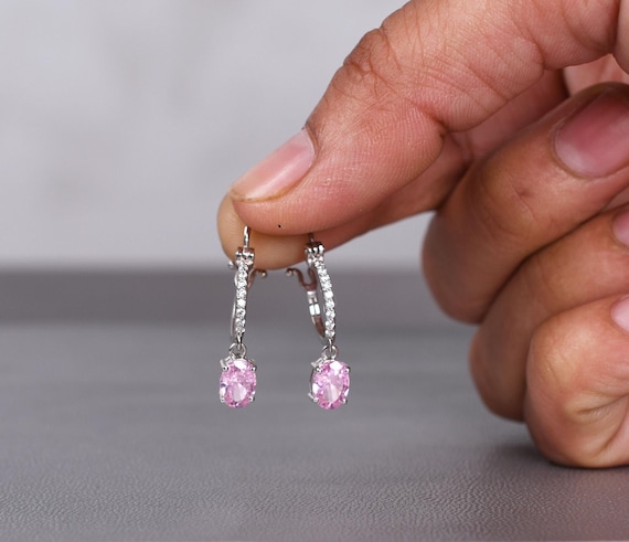 Pink Sapphire Leverback Earrings, 925 Sterling Silver, Bridal Jewelry