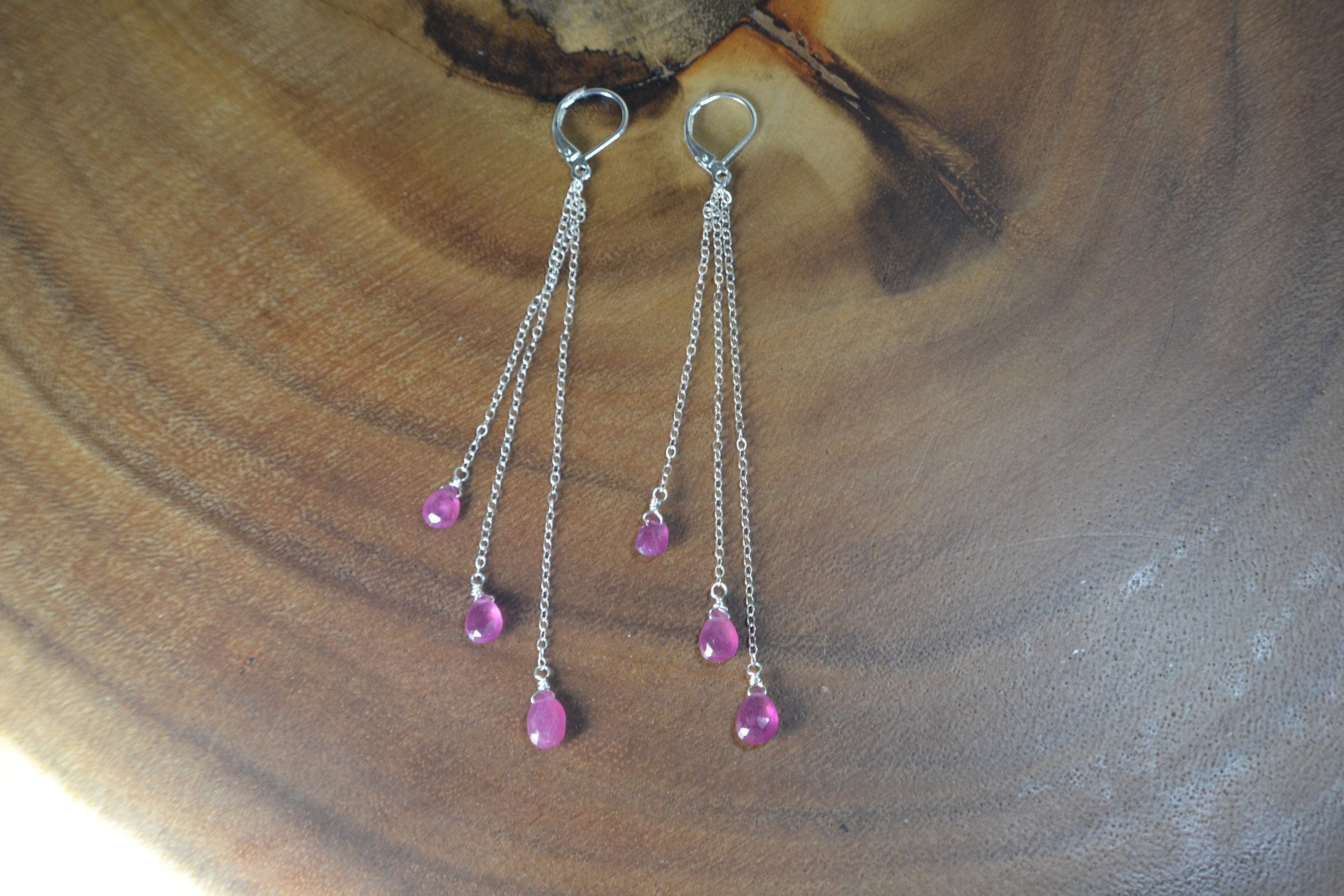 Long Pink Sapphire Earrings // Chain Drop Earrings // Duster, Shoulder Length Earrings // Sterling Silver, Gold Fill // September Birthstone