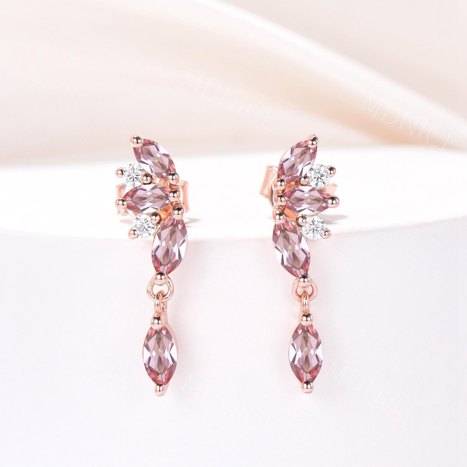 Marquise Padparadscha Drop Earrings 14k Rose Gold Pink Sapphire Moissanite Cluster Dangle Earrings Dainty Pink Gemstone Pierced Jewelry
